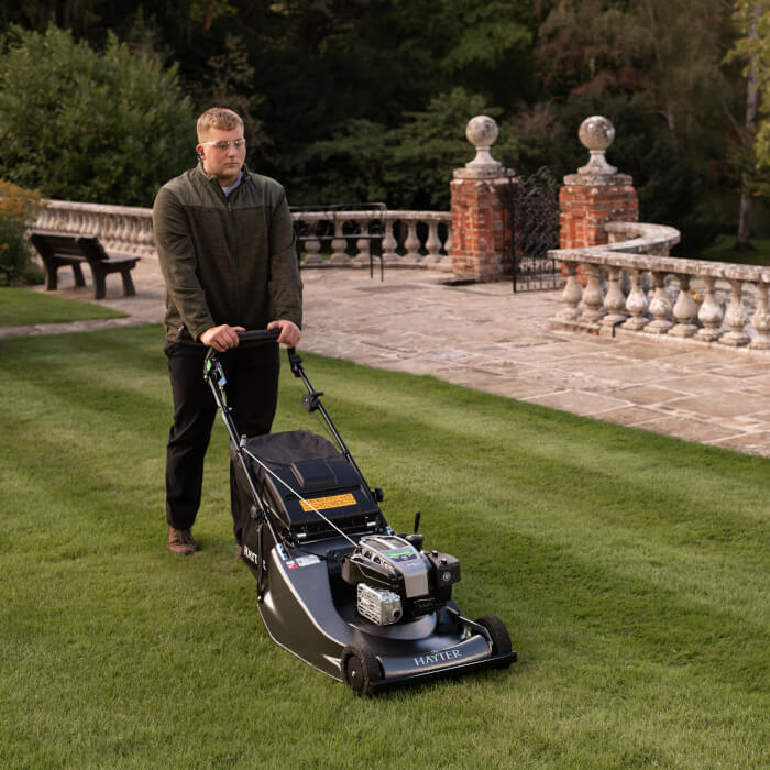 A professional landscaper operating the Hayter Harrier 56 Pro on a beautifully maintained lawn, with a historic stone balustrade in the background. The mower delivers a pristine striped finish, perfect for high-end landscapes.